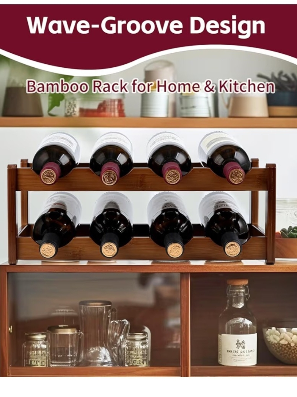 Bamboo Wine Rack, Cabinet Shelf, 2-Tier-8 Bottles, Freestanding, New in Box - Picture 7 of 7